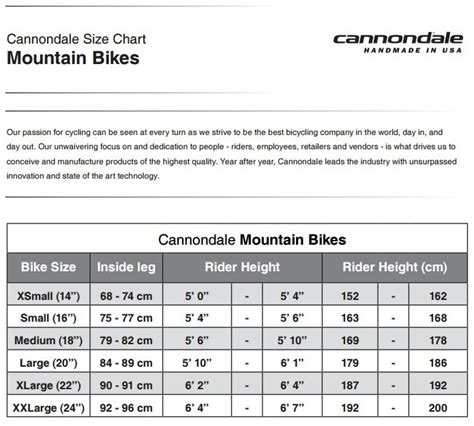 Size Chart For Cannondale Bikes