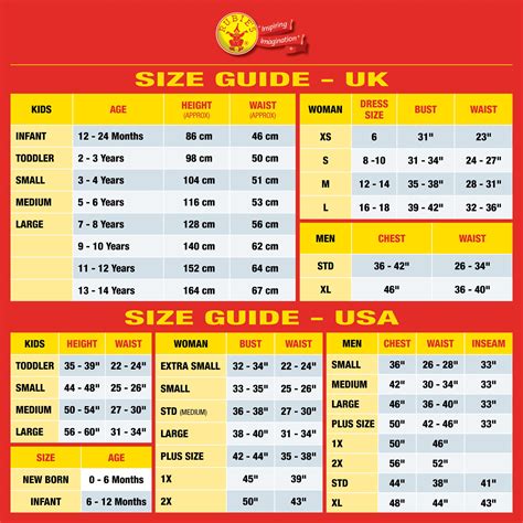 Size Chart For Costumes