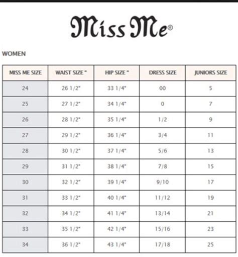 Size Chart Miss Me