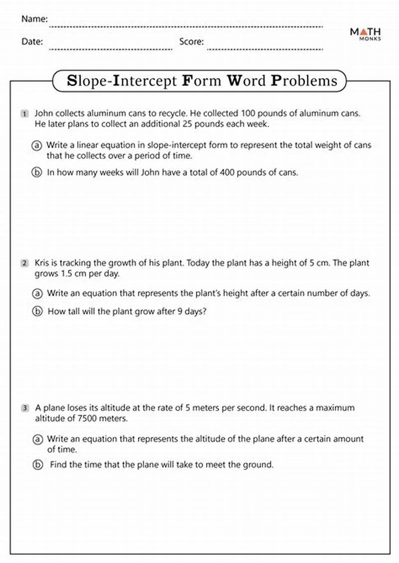 Slope Intercept Form Word Problems Worksheet Answers
