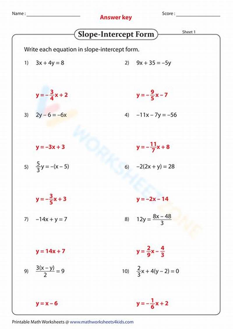 Slope Intercept Form Worksheet 1 Answer Key