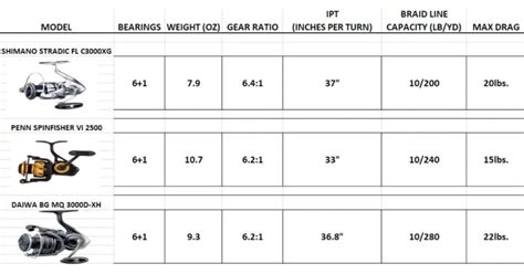 Spinning Reel Sizes Chart