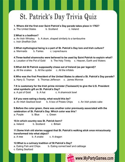 St Patrick's Day Trivia Printable