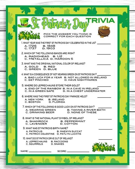 St Patricks Day Quiz Printable
