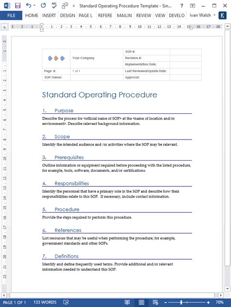 Standard Operating Procedure Template Ms Word