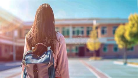 Student looking at school building with backpack