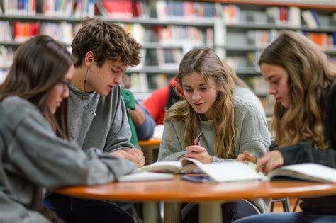 Students studying together in library