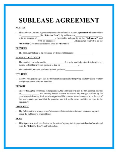 Sublet Agreement Template Free