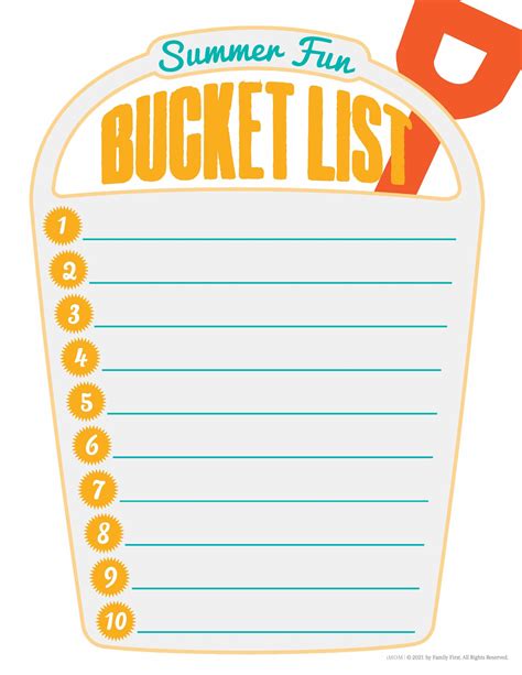 Summer Bucket List Template Free