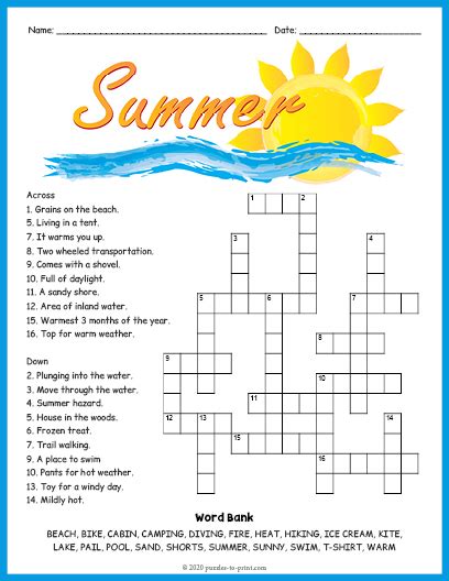 Summer Crossword Printable