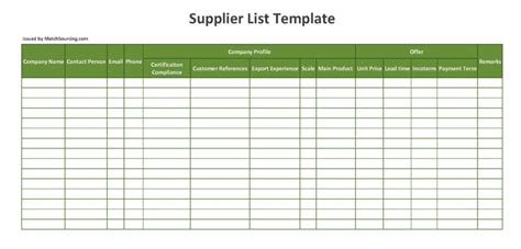 Supplier List Template