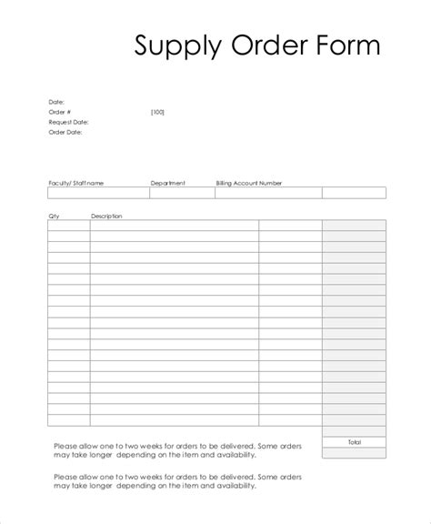 Supply Order List Template