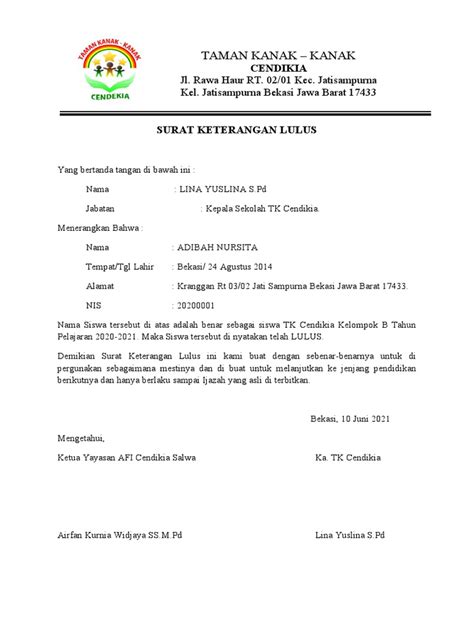 Surat Keterangan TK