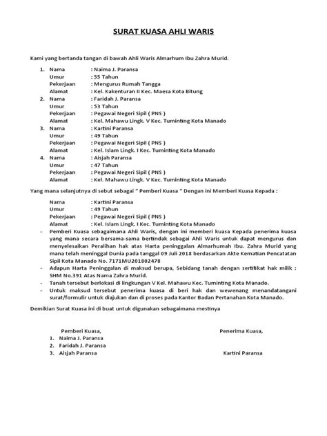 Surat Kuasa Ahli Waris Example