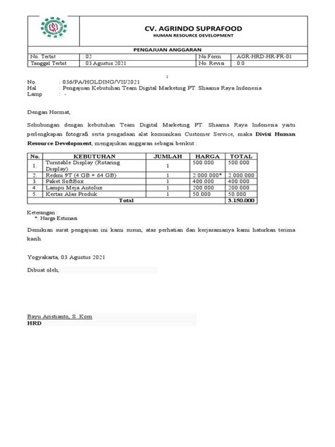 Surat Pengajuan Anggaran