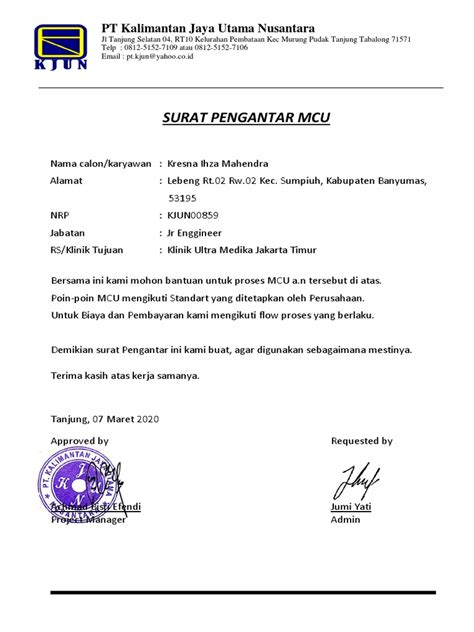 Surat Pengantar MCU Perusahaan