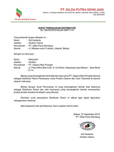 Surat Penunjukan Distributor