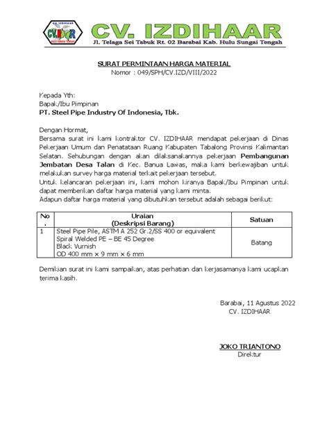 Surat Permintaan Harga Material