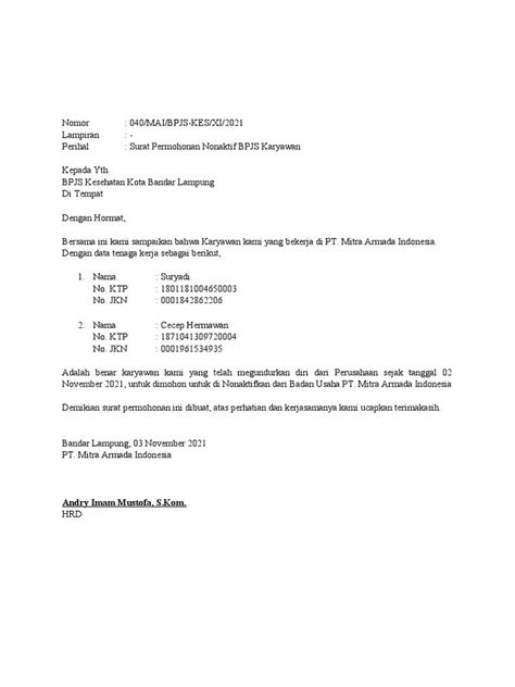 Contoh Surat Pengantar Nonaktif BPJS Kesehatan