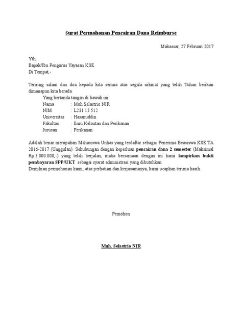 Surat Permohonan Pencairan Dana Reimbursement