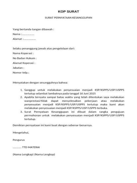 Surat Pernyataan Close Loop Koperasi Contoh