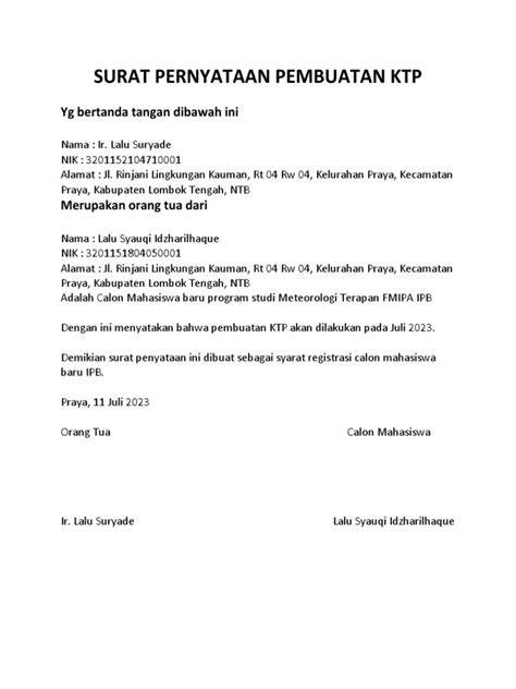 Surat Pernyataan KTP