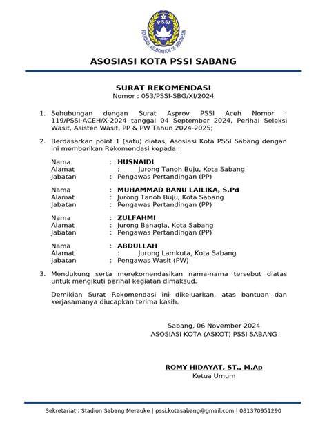 Surat Rekomendasi PSSI
