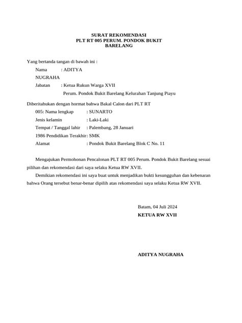 Surat Rekomendasi RT RW Example