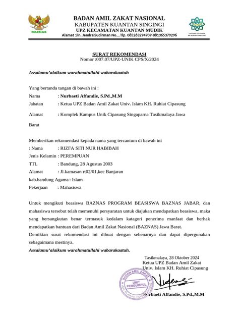 Surat Rekomendasi UPZ