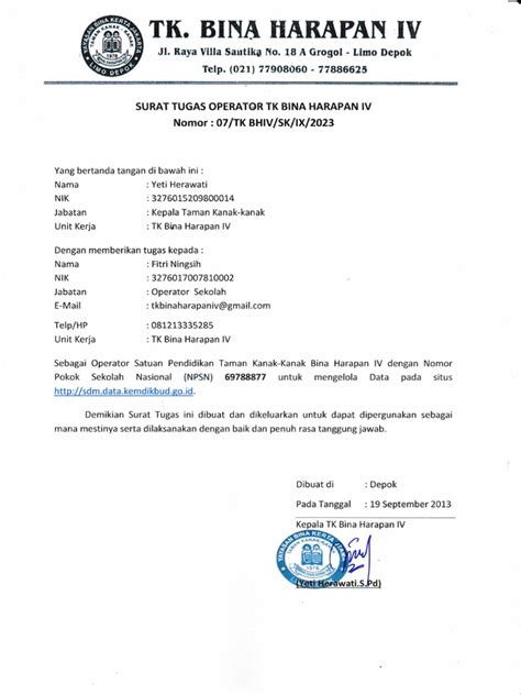 Surat Tugas Operator TK