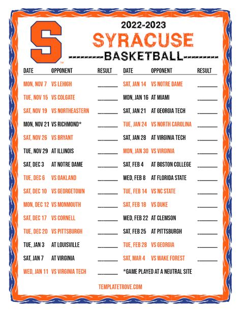 Syracuse Men's Basketball Schedule Printable