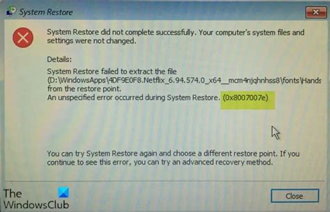 System restore failed error
