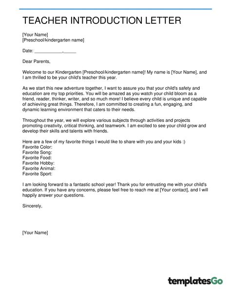 Teacher Introduction Letter To Parents Template Free
