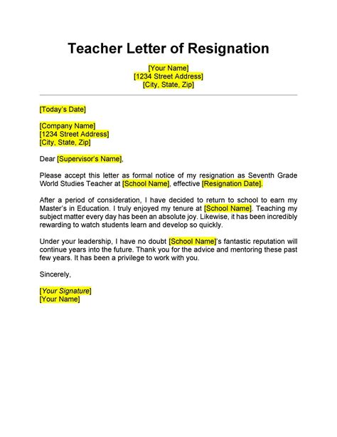 Teacher Resignation Letter Template