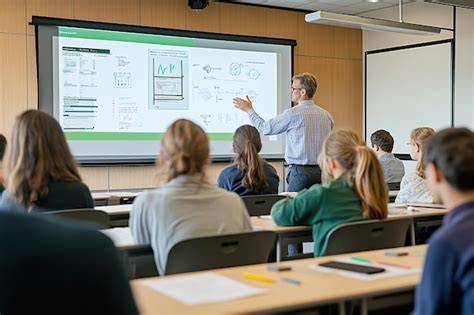 Teacher using projector classroom