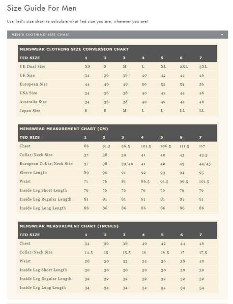 Ted Baker Mens Sizing Chart