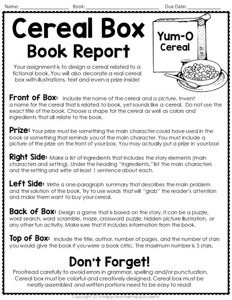 Template For Cereal Box Book Report