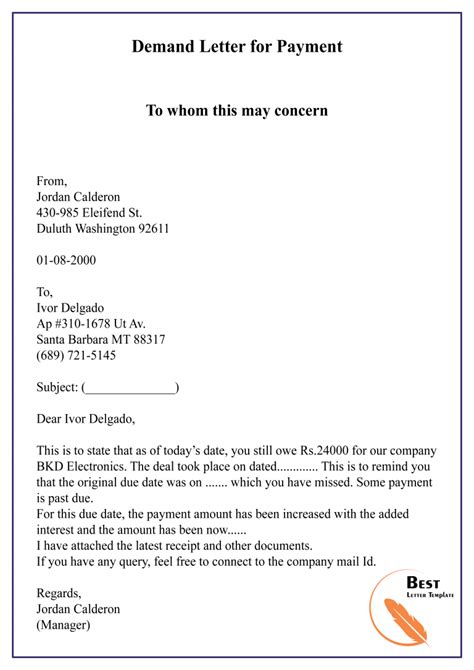 Template For Demand Letter For Payment