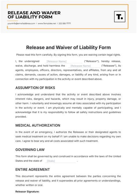 Template For Release Of Liability Waiver