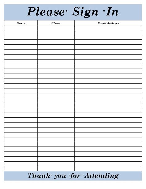 Template Of Sign In Sheet
