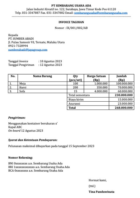 Template Surat Pengajuan Invoice