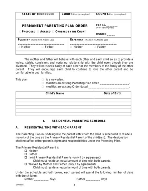 Tennessee Parenting Plan Template