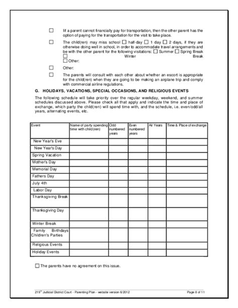 Texas Parenting Plan Template