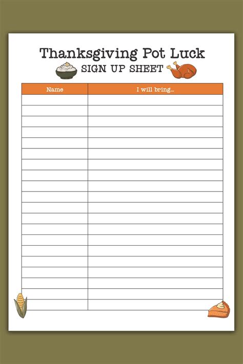 Thanksgiving Potluck Sign Up Sheet Free Printable