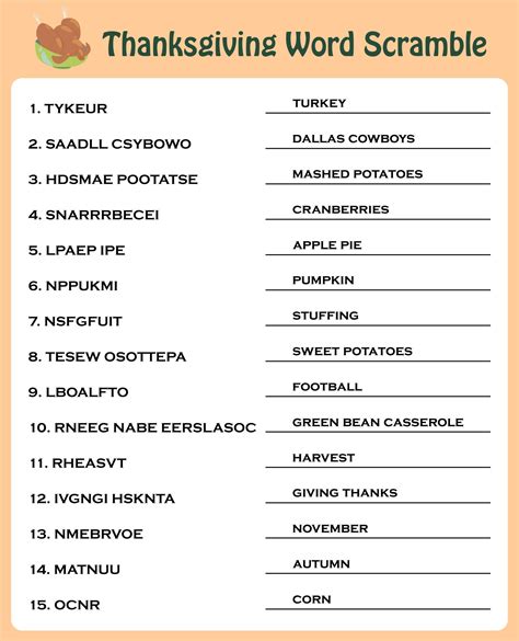 Thanksgiving Word Scramble With Answers Printable