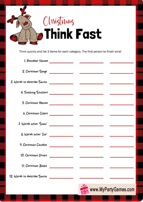 Think Fast Christmas Game Free Printable