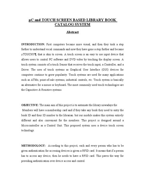 Touch Screen Based Library Book Catalog System