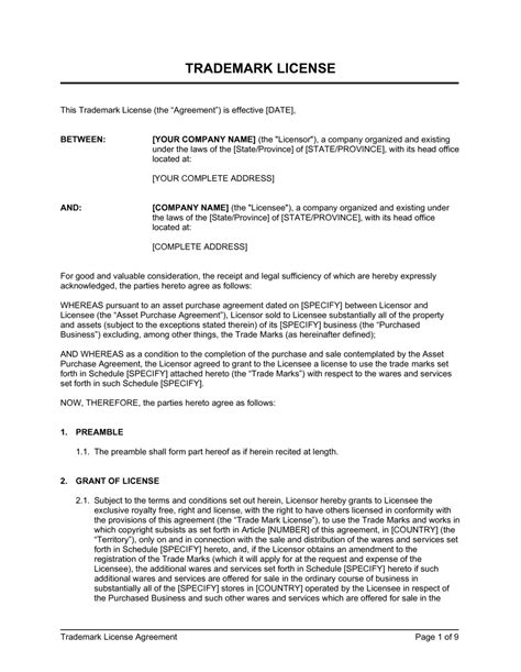 Trademark License Agreement Template