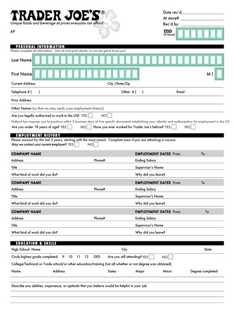 Trader Joes Job Application Printable