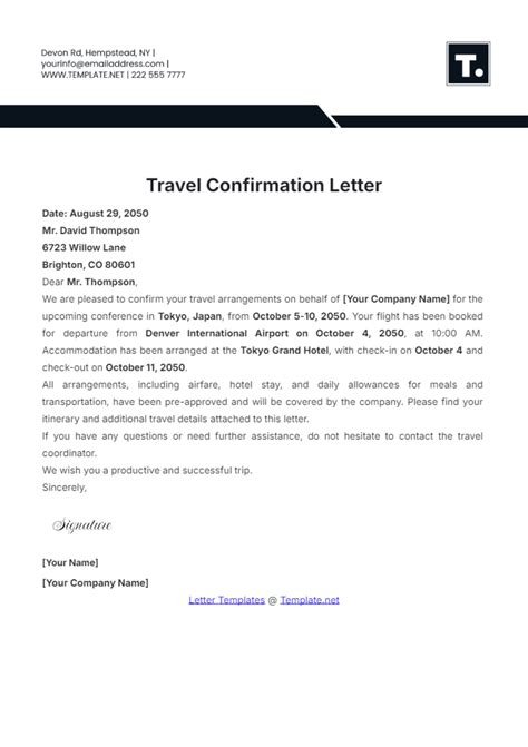 Travel confirmation letter